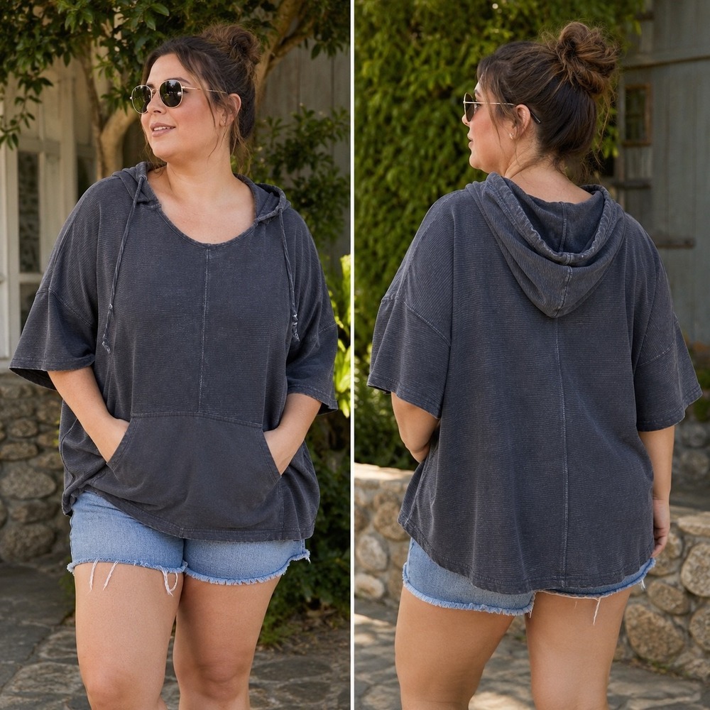 Mono B Mineral Wash Hooded Top One Size Black Oversized Cotton NWT Poncho Tunic